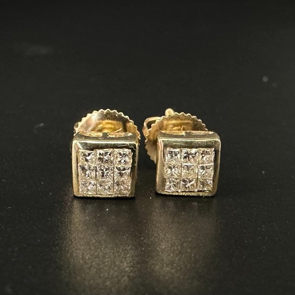 Diamond Square Dome Princess Cut Earrings 14K Yellow Gold